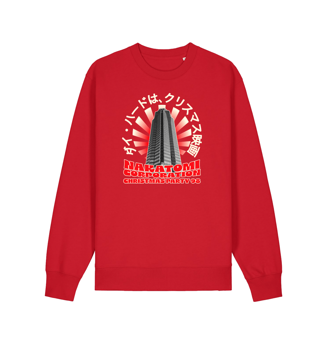 red christmas sweater with the graphic of a sky scraper and the slogan nakatomi corporation christmas party'