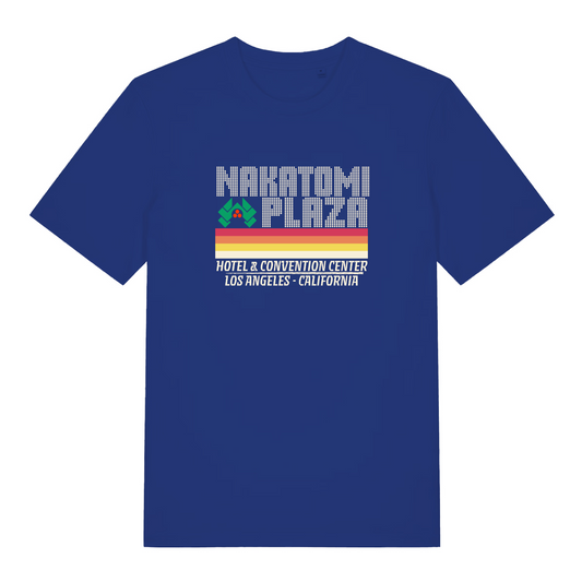 blue christmas slogan t-shirt with the text 'nakatomi plaza'