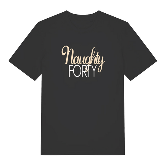 black women's slogan t-shirt with the text 'naughty forty'