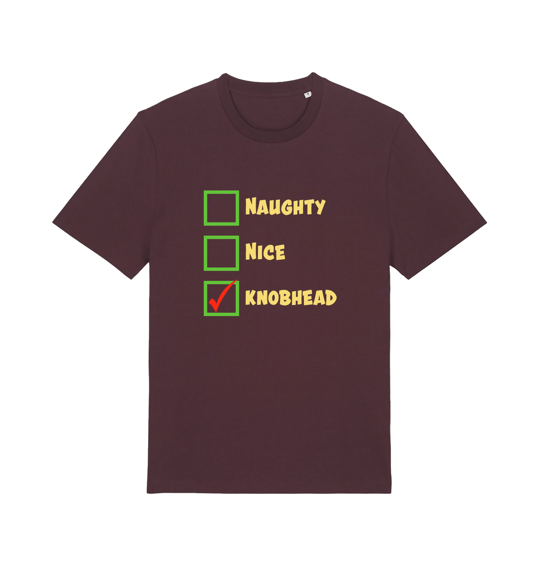 red brown christmas t-shirt with the slogan 'naughty nice knobhead'
