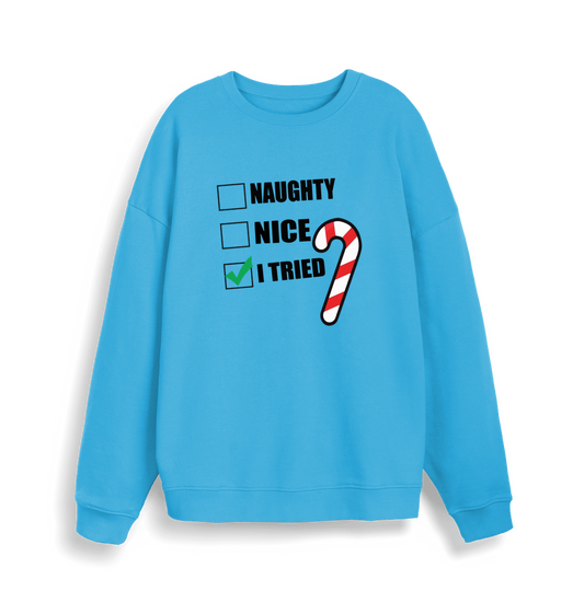 blue christmas sweater with the slogan 'naughty nice i tried'