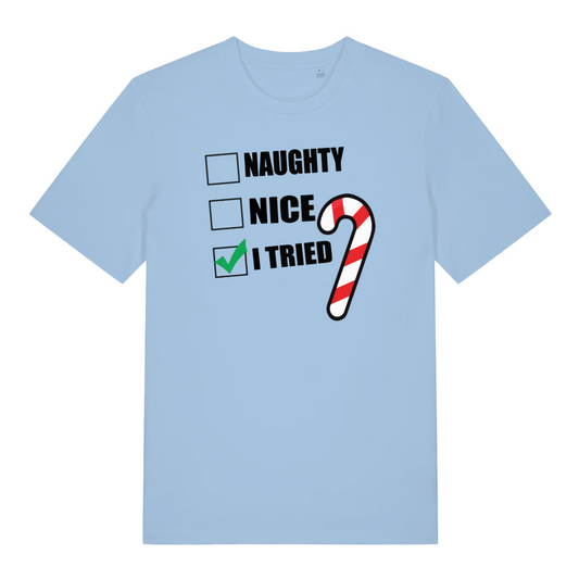 light blue women's xmas t-shirt with Christmas-themed text and candy cane graphic