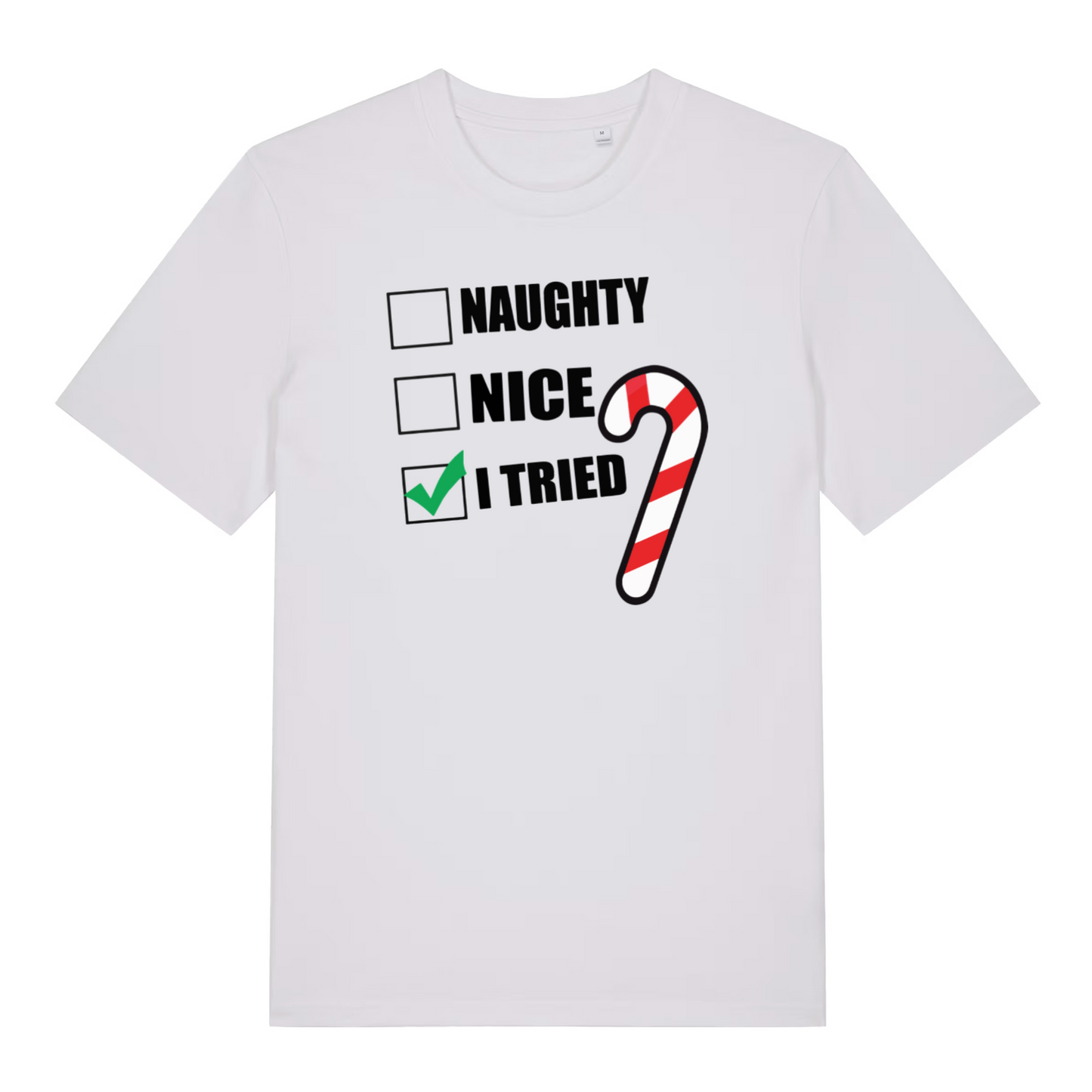 white women's xmas t-shirt with Christmas-themed text and candy cane graphic
