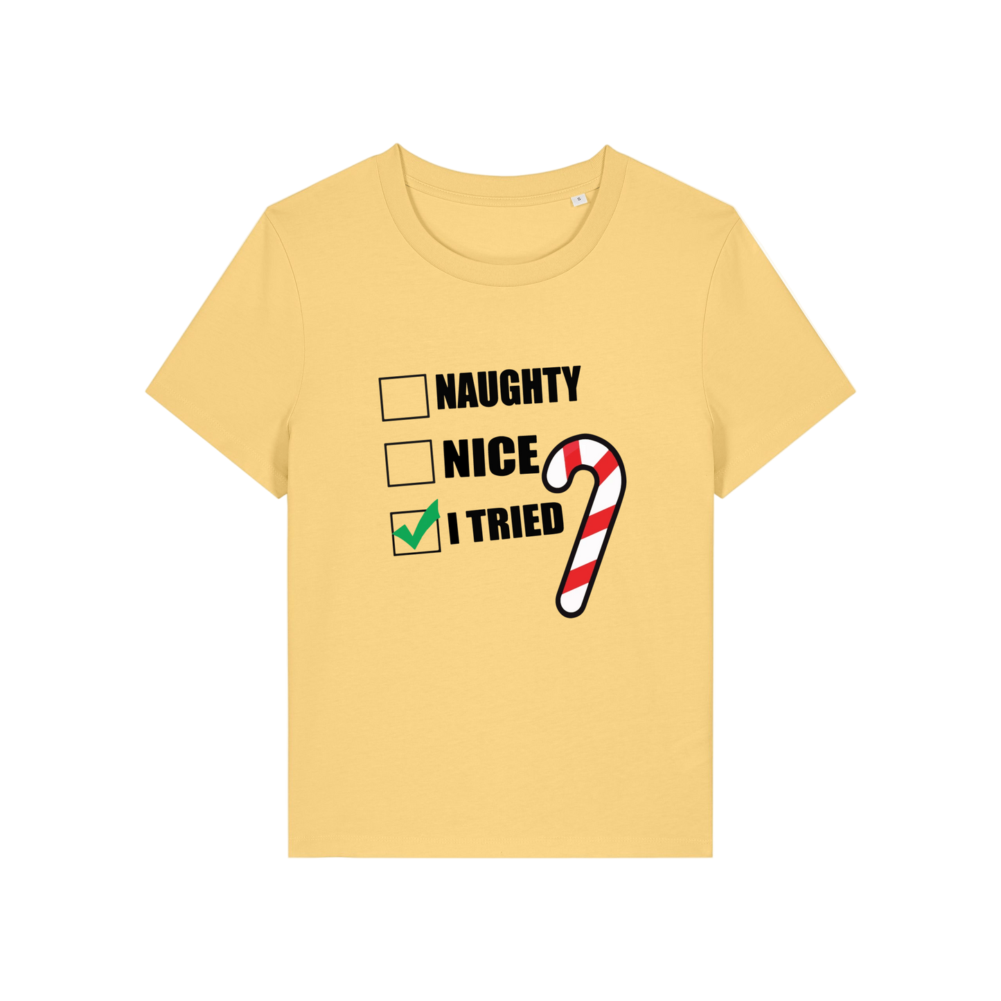 yellow Christmas t-shirt with Christmas-themed text and candy cane graphic