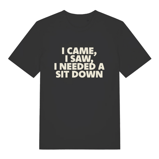 black women's funny slogan t-shirt with the text 'i came, i saw, i needed a sit down'