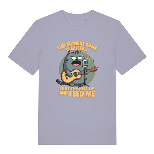 lavender women's funny animal t-shirt with the graphic of a cat and the slogan 'and my next song is called shut the fuck up and feed me'