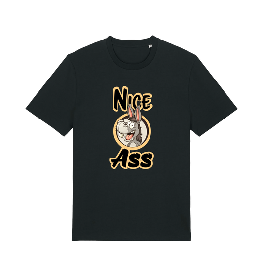 black funny offensive t-shirt with the graphic of a donkey and the slogan 'nice ass'
