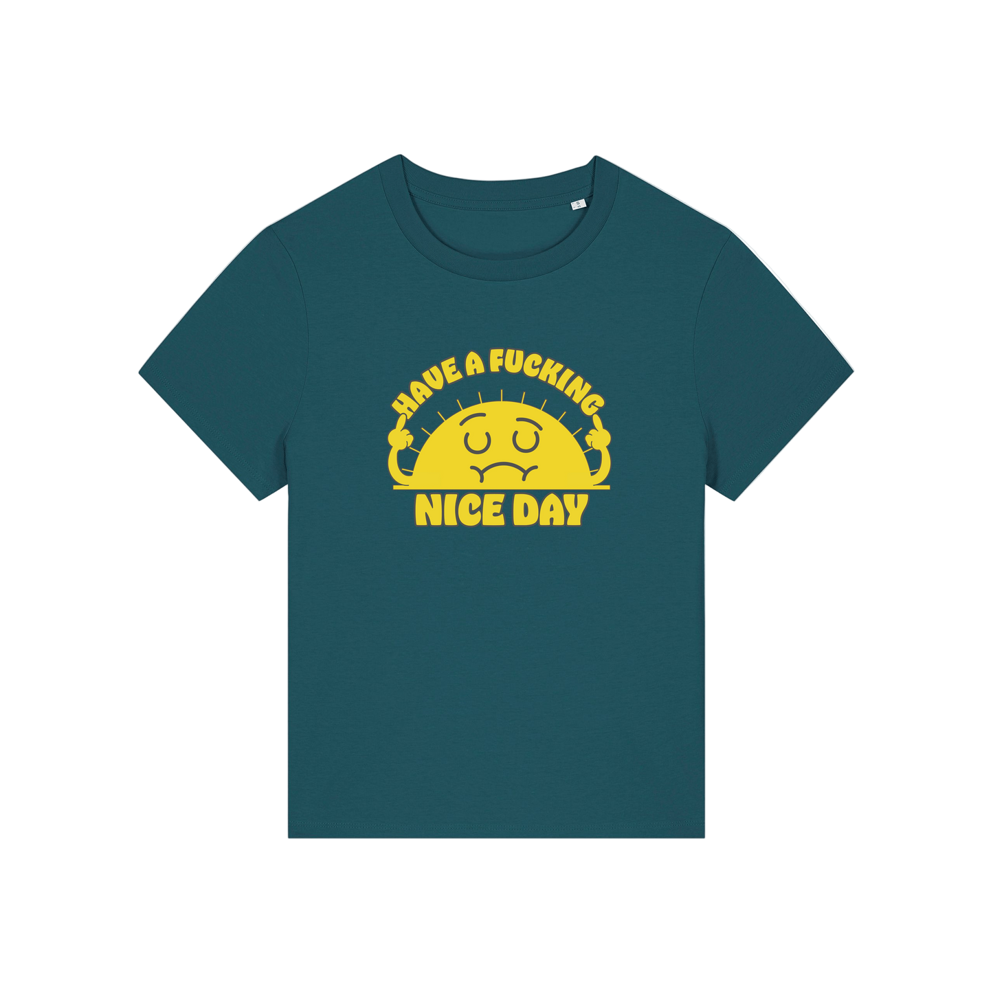 teal funny offensive t-shirt with a sunshine and the slogan 'have a fucking nice day'