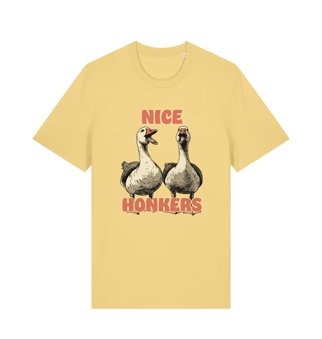 yellow matching t-shirt with the graphic of two geese and the slogan 'nice honkers'