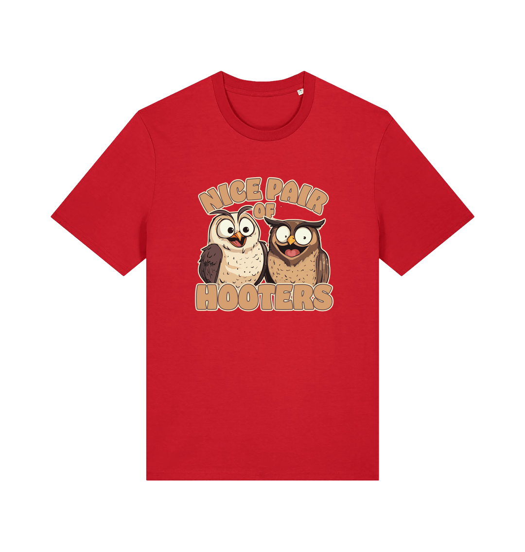 red matching t-shirt with a pair of cartoon owls and the slogan 'nice pair of hooters'