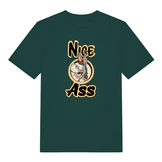 green funny offensive t-shirt with the graphic of a donkey and the slogan 'nice ass'