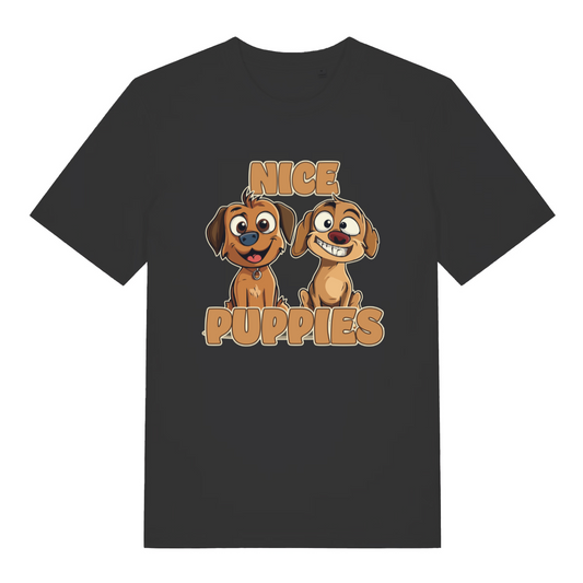 black matching t-shirt with the graphic of two puppies and the slogan 'nice puppies'