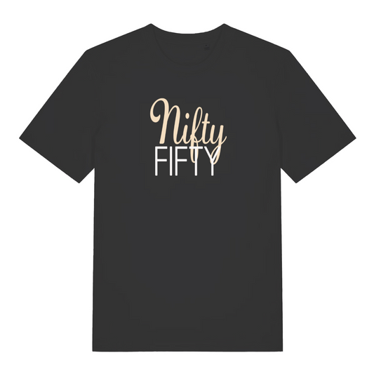 black women's slogan t-shirt with the text 'nifty fifty'