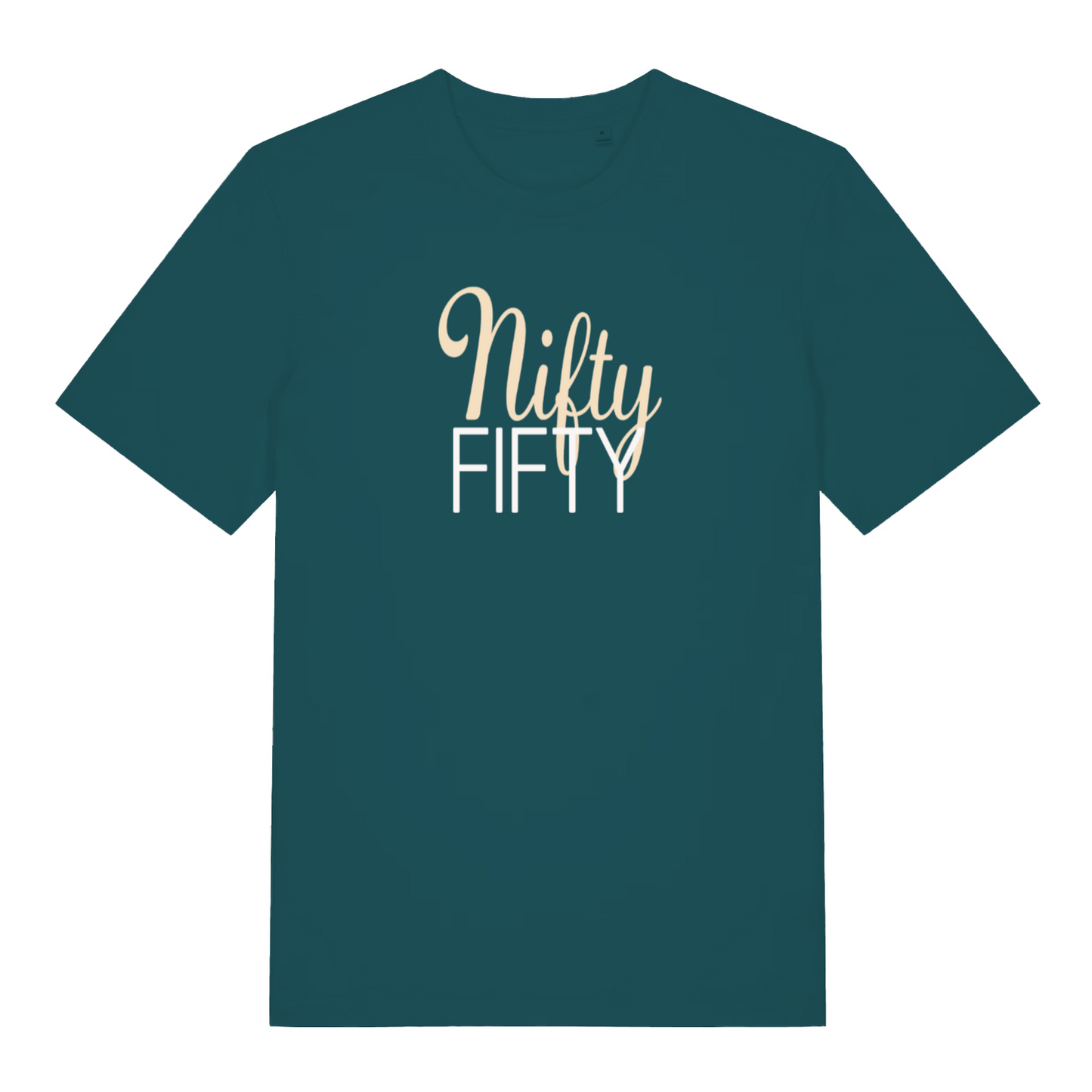teal women's slogan t-shirt with the text 'nifty fifty'