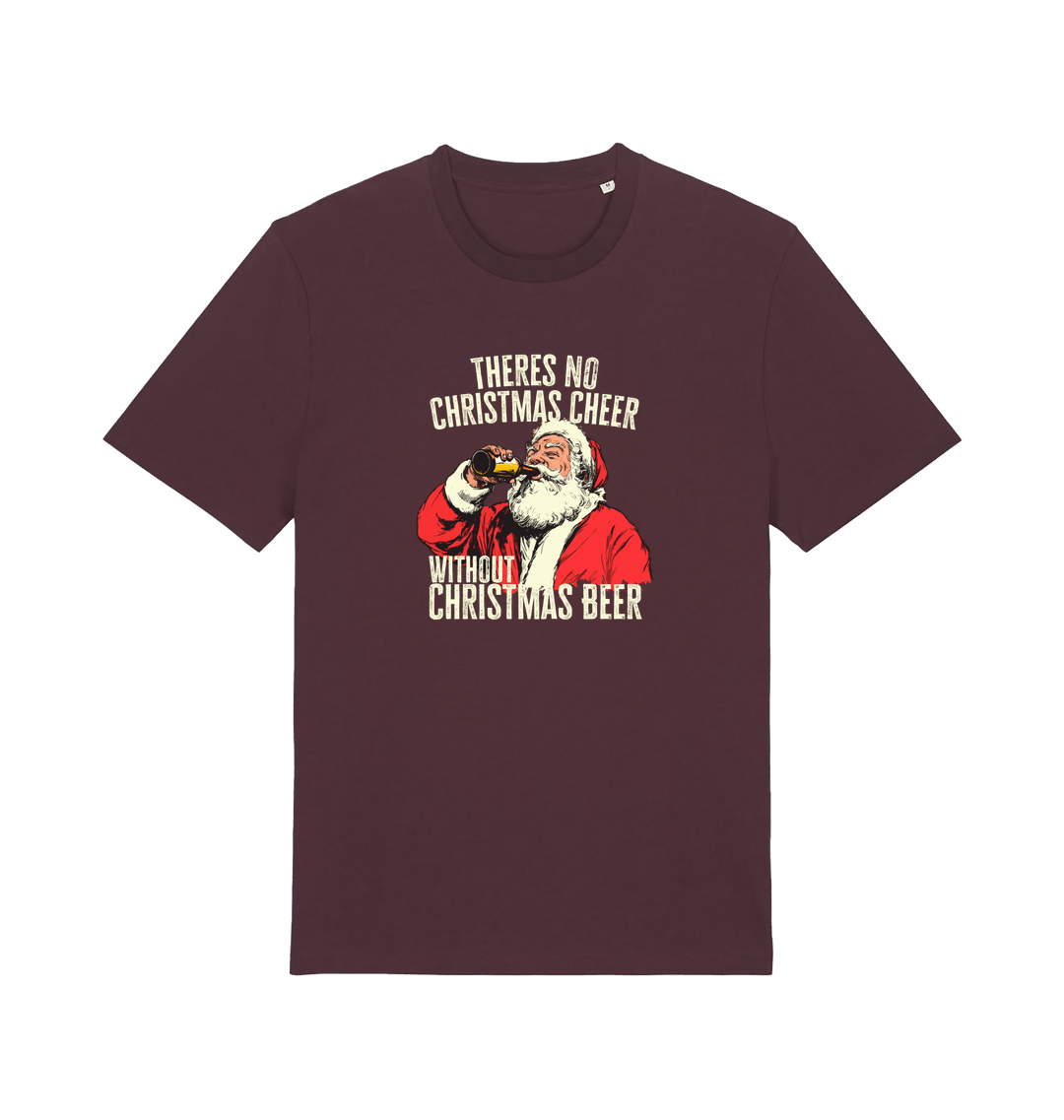 red brown christmas t-shirt with the graphic of santa drinking a vbeer and the slogan 'theres no christmas cheer without christmas beer'