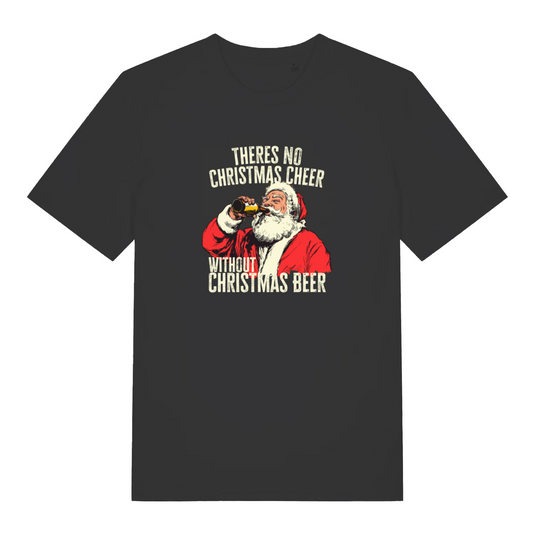 black christmas t-shirt with the graphic of santa drinking a bottle of beer and the slogan 'theres no christmas cheer without christmas beer'