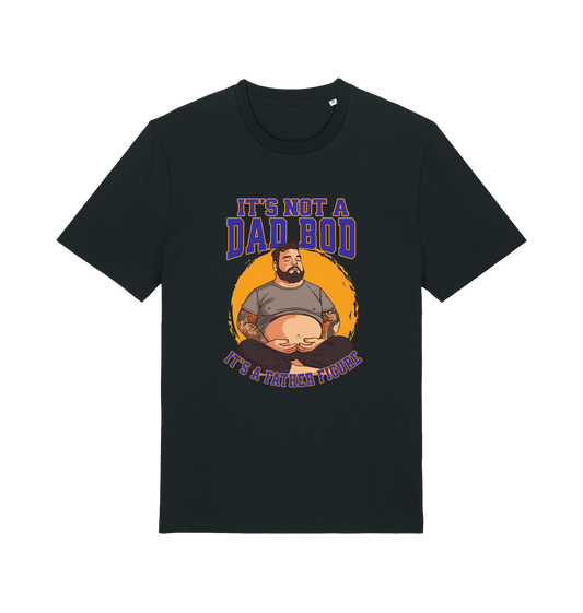 black funny dad t-shirt with the graphic of a man with a beer belly and the slogan 'it's not a dad bod it's a father figure'
