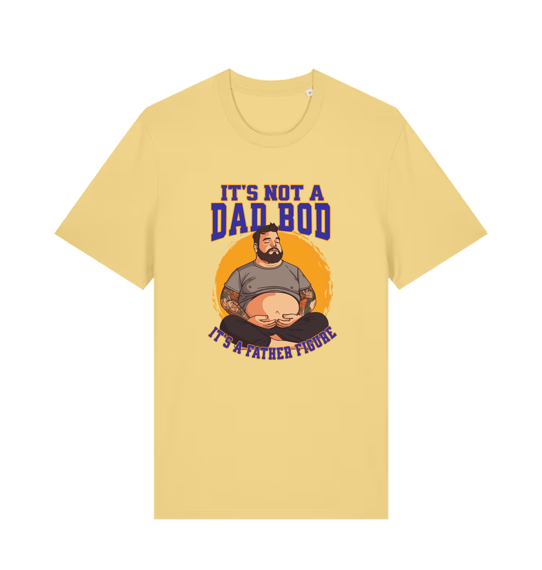 yellow funny dad t-shirt with the graphic of a man with a beer belly and the slogan 'it's not a dad bod it's a father figure'