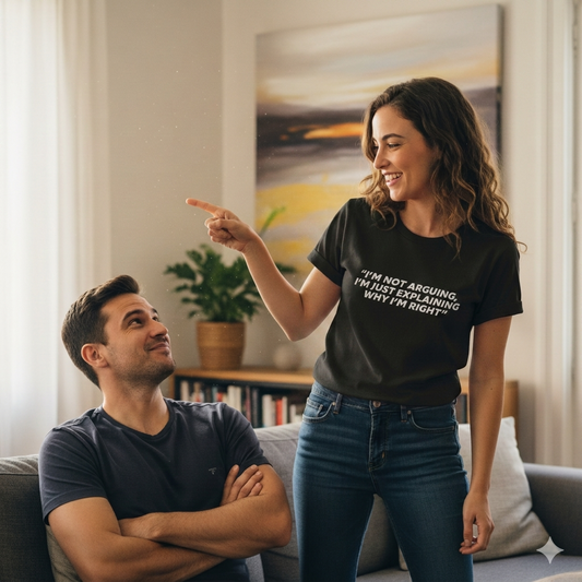 Woman pointing at a man in a living room with a painting on the wall.
