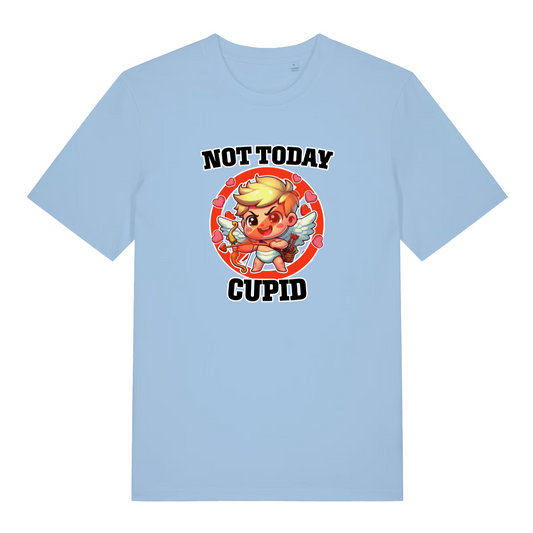 light blue women's funny graphic t-shirt with a cupid design and the slogan 'not today cupid'