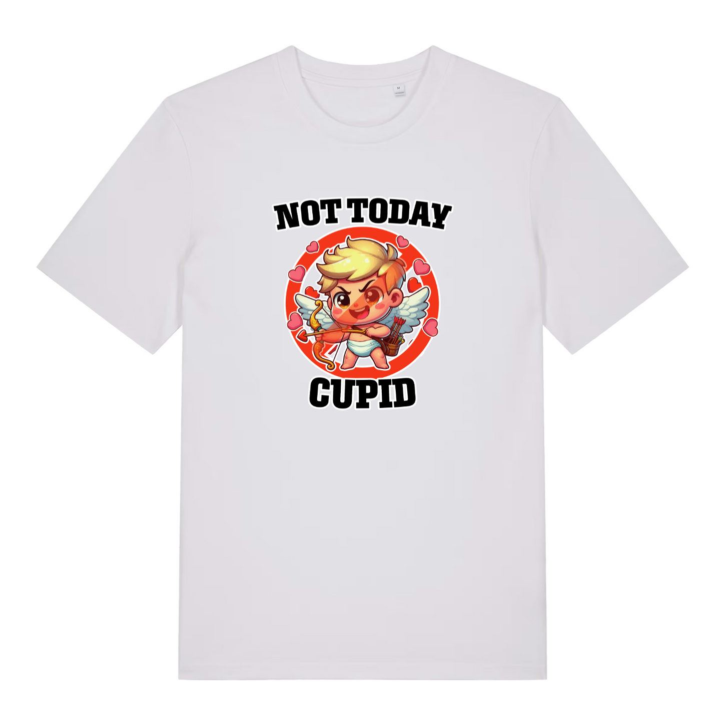 white women's funny graphic t-shirt with a cupid design and the slogan 'not today cupid'