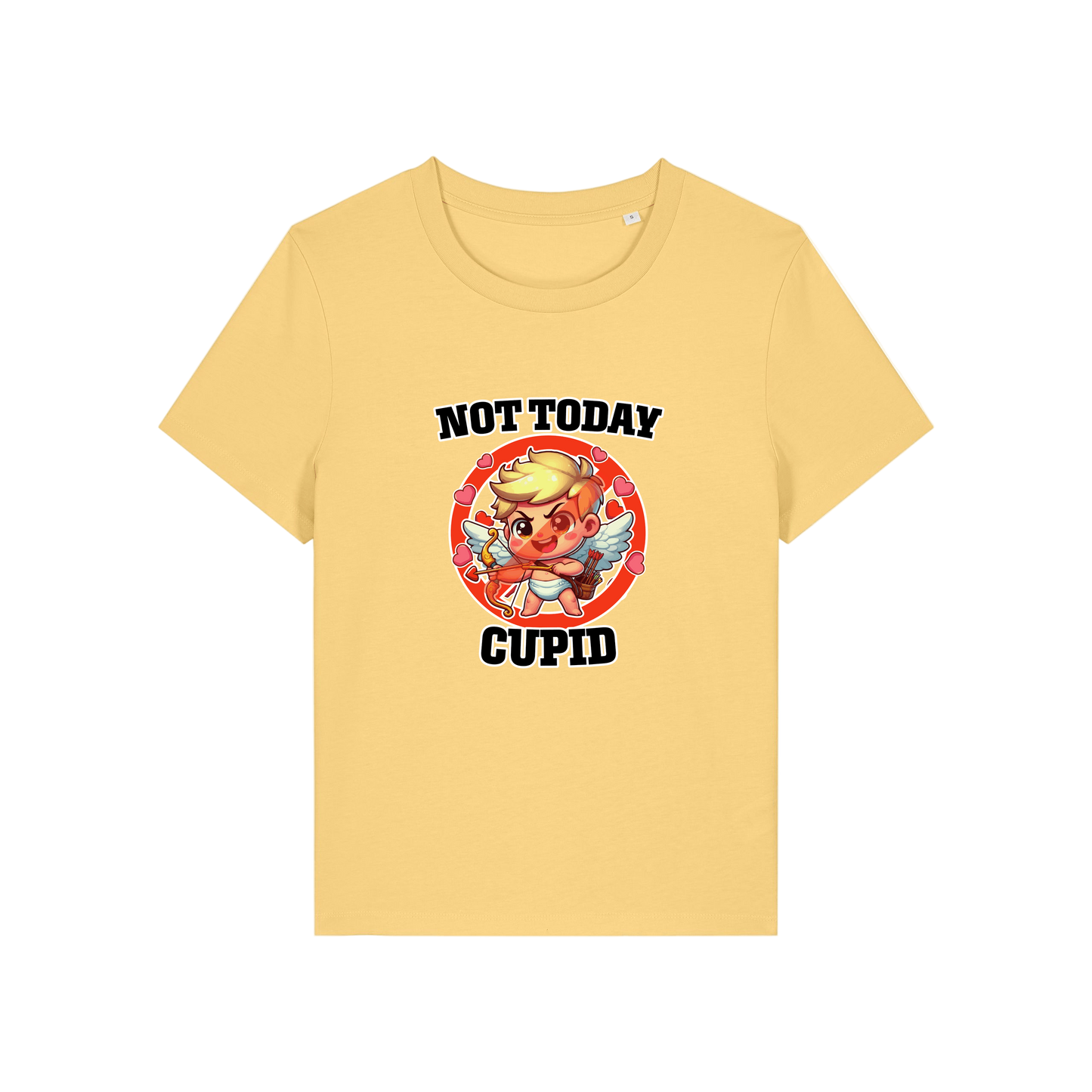 yellow funny t-shirt with the graphic of cupid and the slogan 'not today cupid'