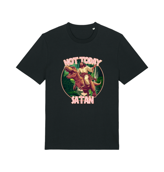 black funny jesus t-shirt with the graphic of jesus riding a dinosaur and the slogan 'not today satan'