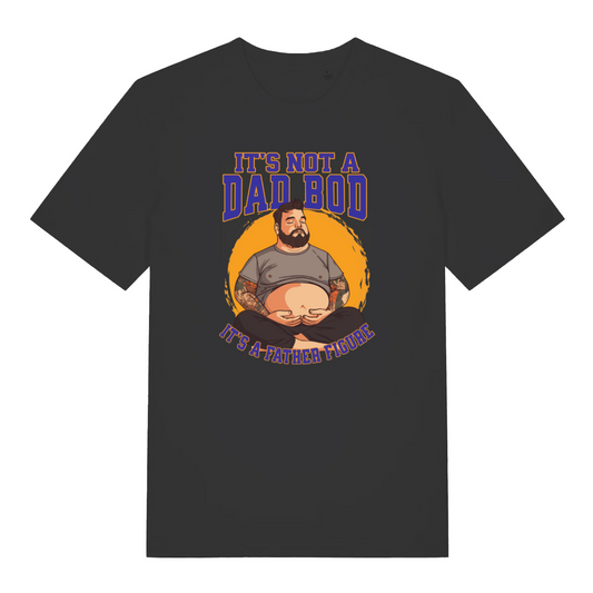 black funny dad t-shirt with the graphic of a chubby man and the slogan 'it's not a dad bod it's a father figure'