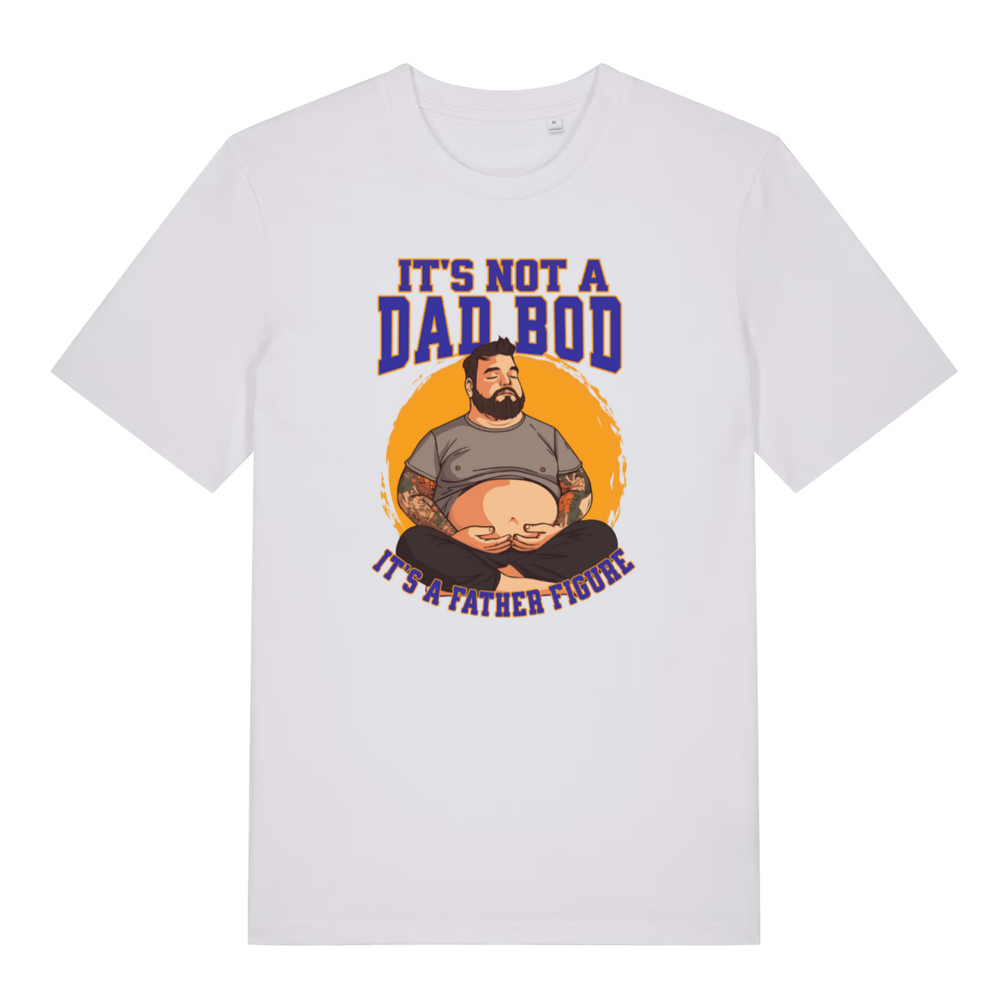 white funny dad t-shirt with the graphic of a chubby man and the slogan 'it's not a dad bod it's a father figure'