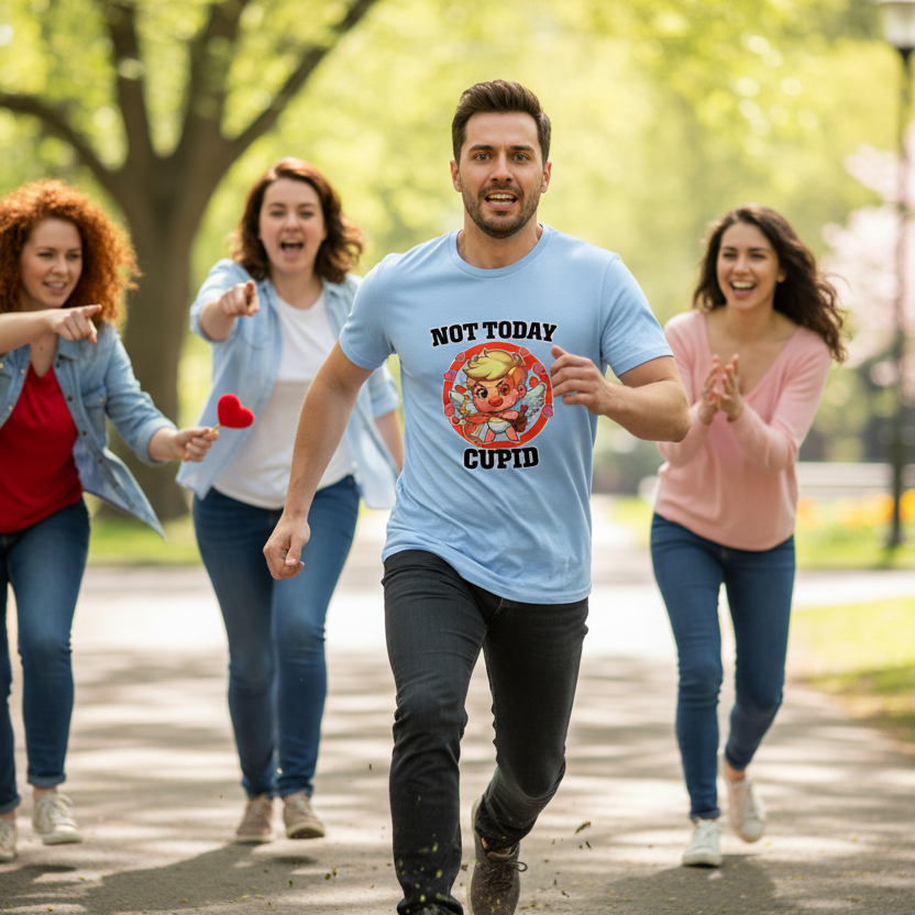 Man wearing a 'Not Today Cupid' t-shirt running with three women in a park.
