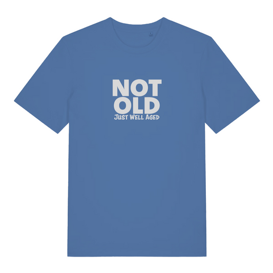 blue funny slogan t-shirt with the text 'not old just well aged'
