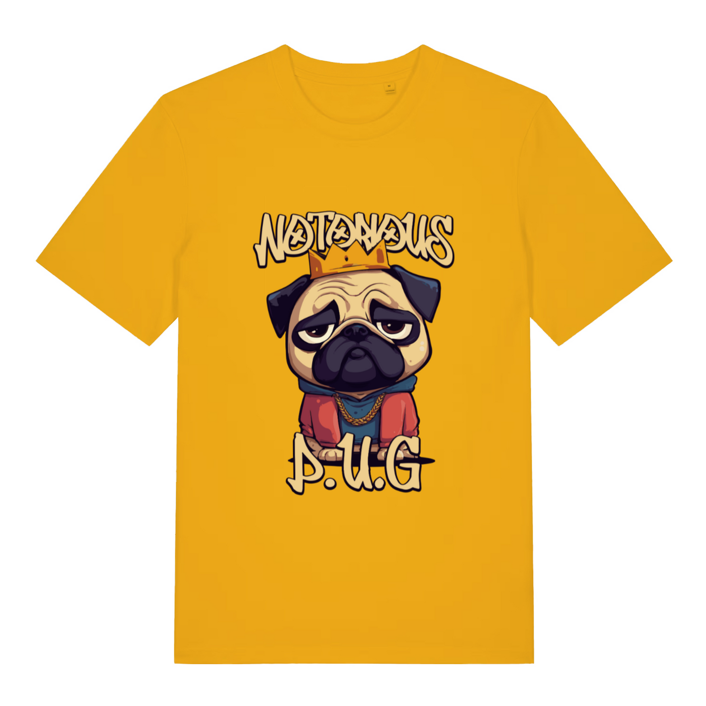 yellow women's funny animal t-shirt with the graphic of a pug and the slogan 'notorious pug'