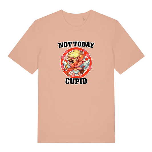 peach funny graphic t-shirt with a cartoon cupid and the slogan 'not today cupid'