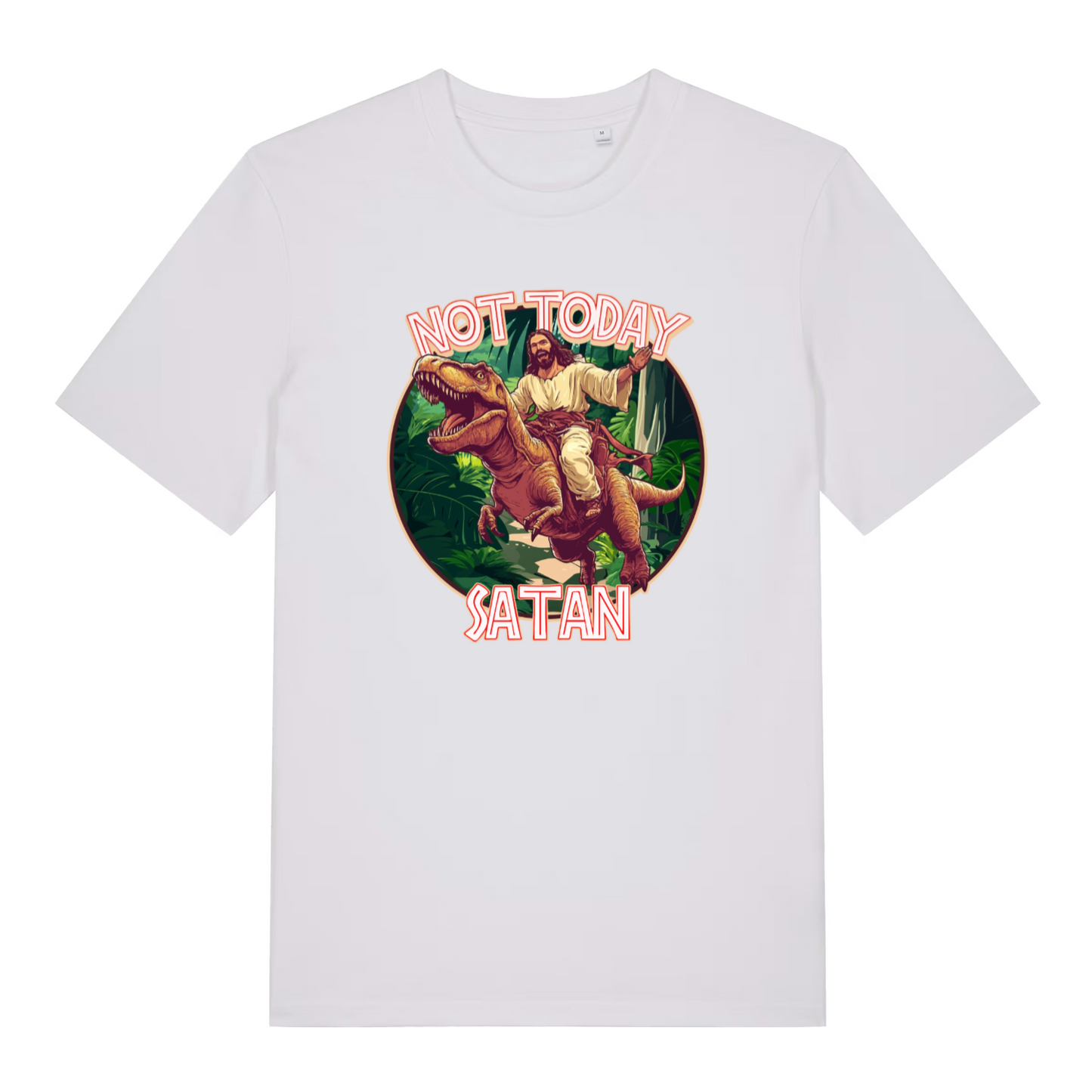 white funny jesus t-shirt with the graphic of jesus riding a t-rex and the slogan 'not today satan'