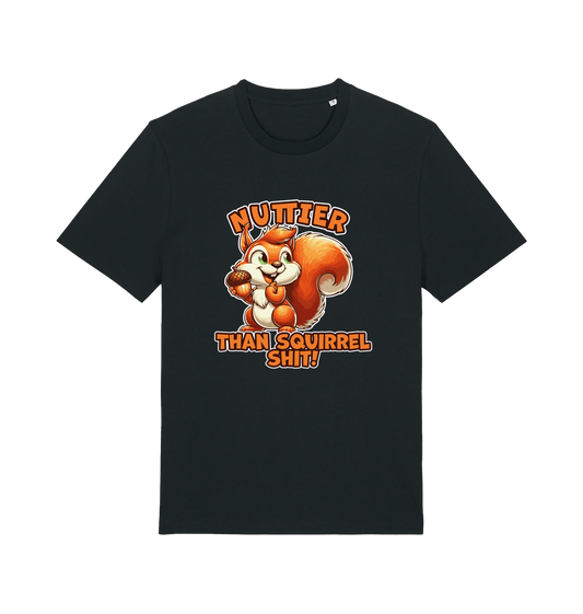 black funny animal t-shirt with the graphic of a squirrel and the slogan 'nuttier than squirrel shit'