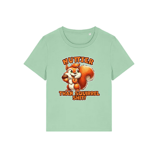 green funny animal t-shirt with the graphic of a squirrel and the slogan 'nuttier than squirrel shit'