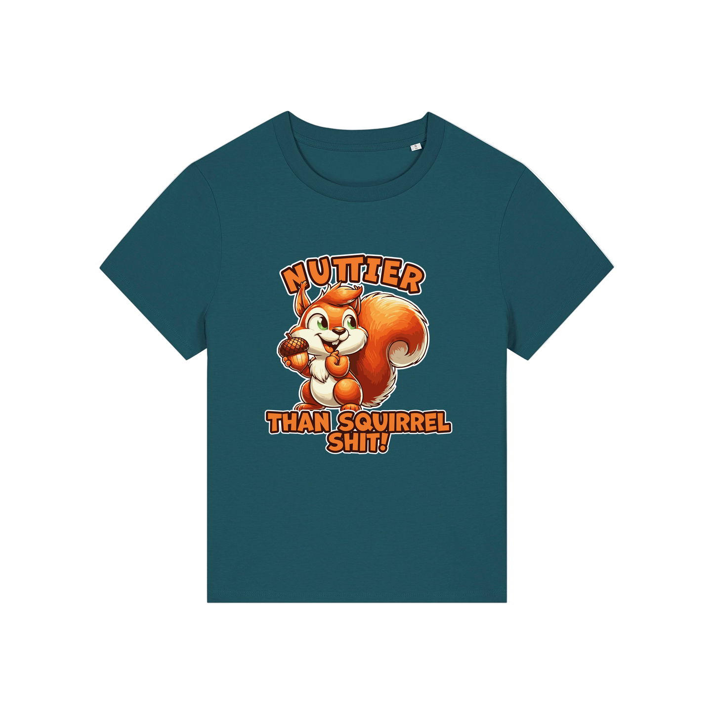 teal funny animal t-shirt with the graphic of a squirrel and the slogan 'nuttier than squirrel shit'