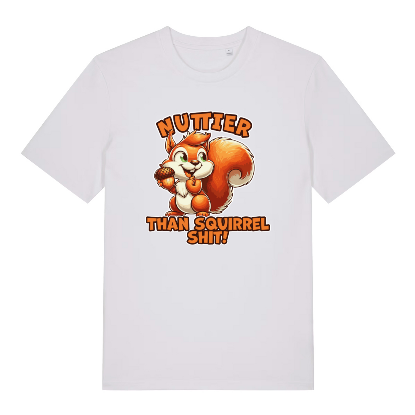 white women's funny animal t-shirt with the graphic of a squirrel and the slogan 'nuttier than squirrel shit'