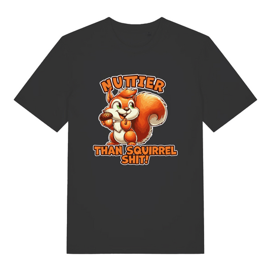 black funny animal t-shirt with the graphic of a squirrel and the slogan 'nuttier than squirrel shit'