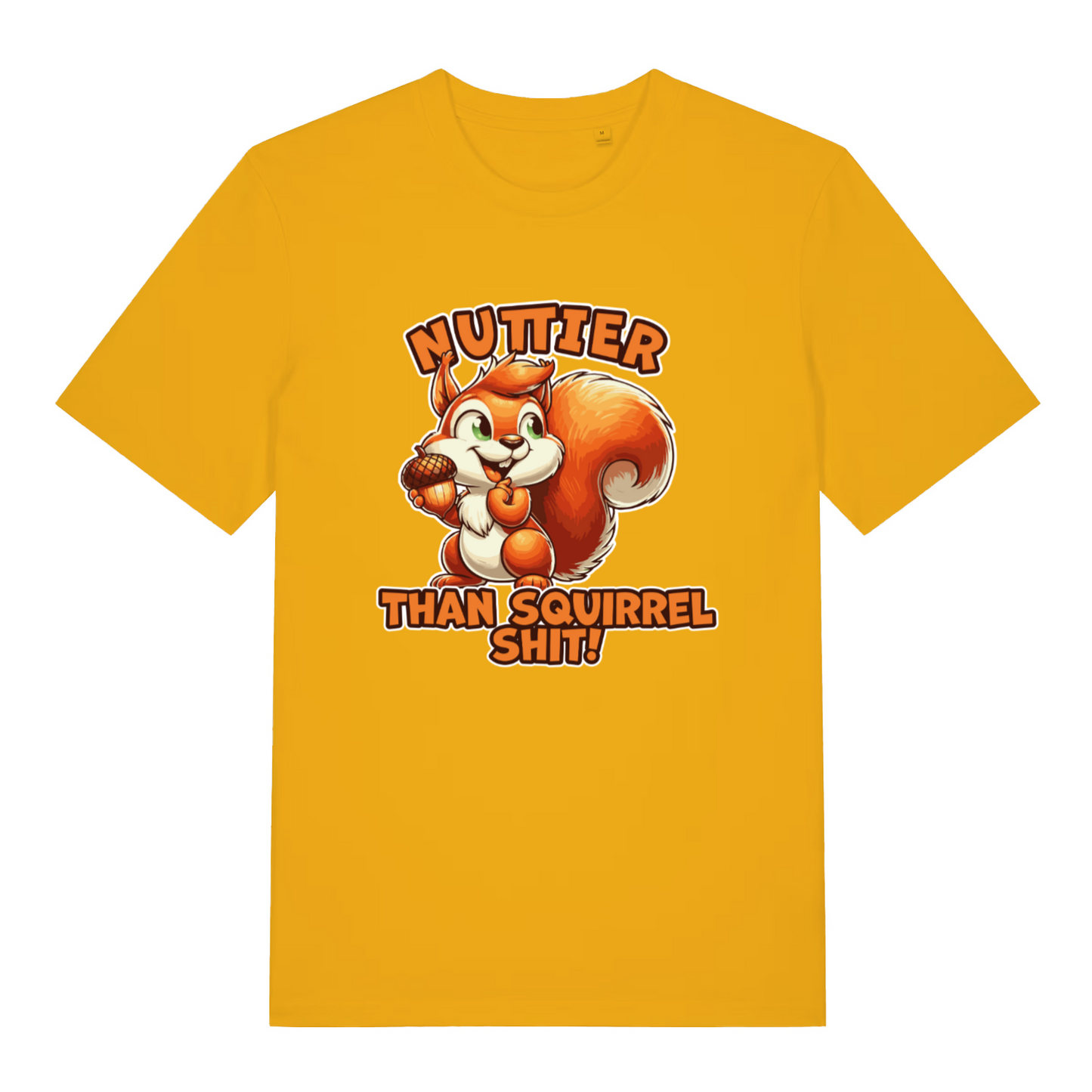 yellow funny animal t-shirt with the graphic of a squirrel and the slogan 'nuttier than squirrel shit'
