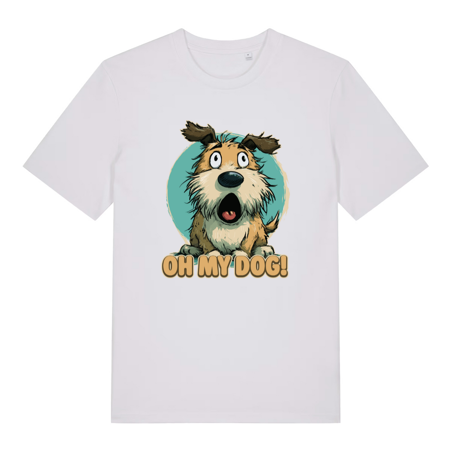 white women's funny animal t-shirt with the graphic of a cartoon dog looking shocked and the slogan 'oh my dog'