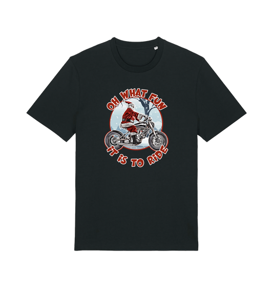 black christmas t-shirt with the graphic of santa riding a motorbike and the slogan 'oh what fun it is to ride'