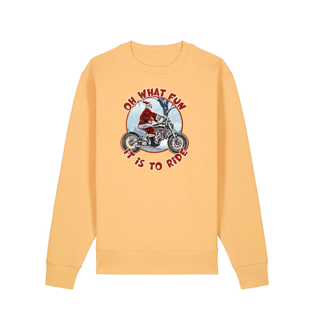yellow christmas sweater with the graphic of santa riding a motorbike and the slogan 'oh what fun it is to ride'