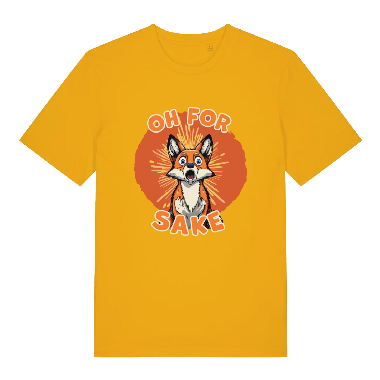yellow funny animal t-shirt with the graphic of a fox and the slogan 'oh for fox sake'