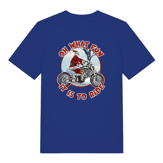 blue christmas t-shirt with Santa Claus riding a motorcycle graphic and text 'Oh what fun it is to ride'