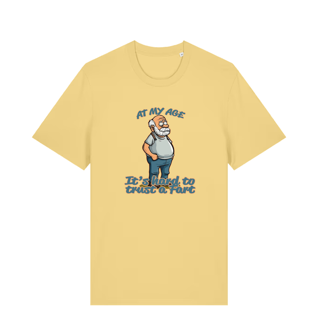 yellow funny graphic t-shirt with a cartoon old man on and the slogan 'at my age it's hard to trust a fart'