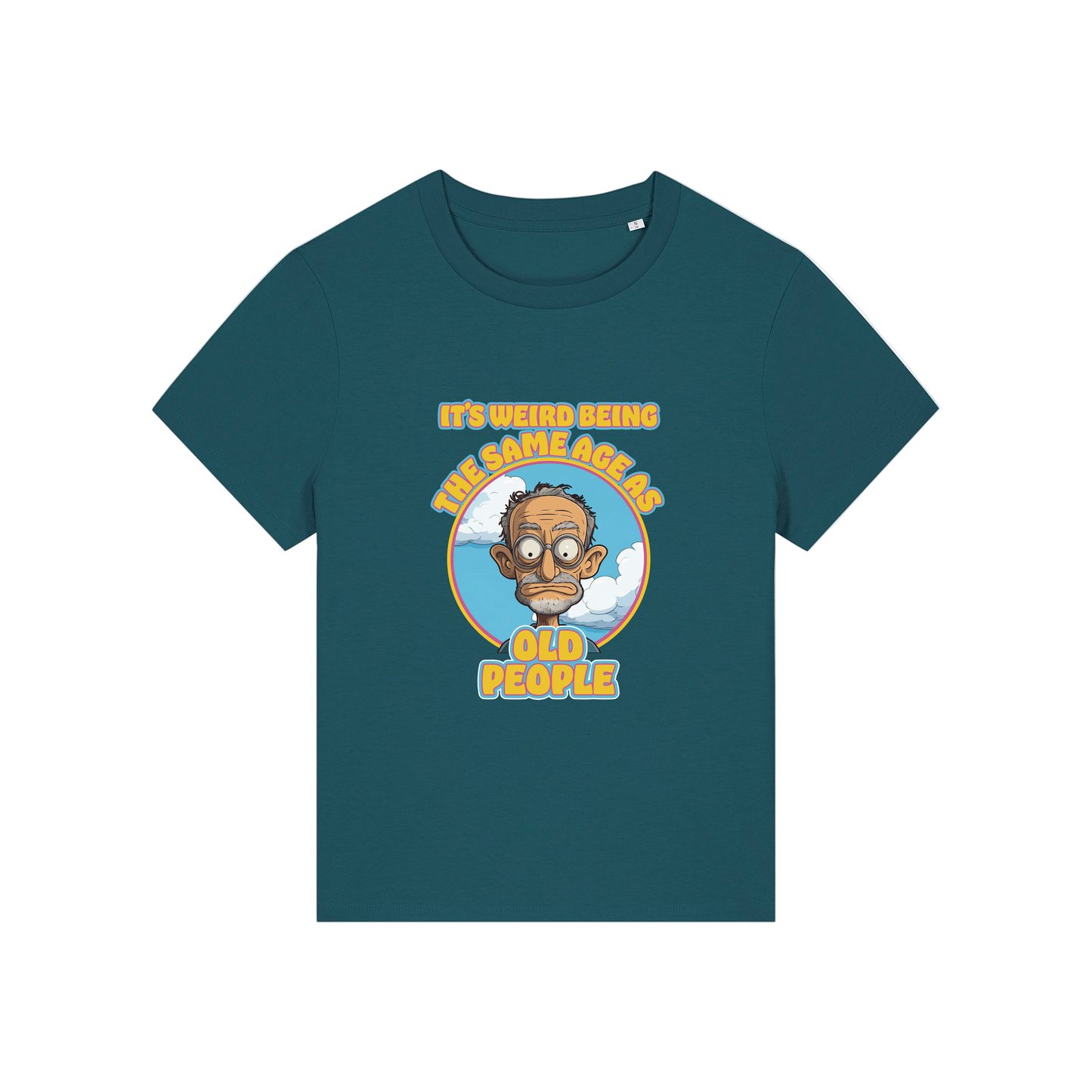 teal funny graphic t-shirt with the graphic of an old man and the slogan it's weird being the same age as old people'