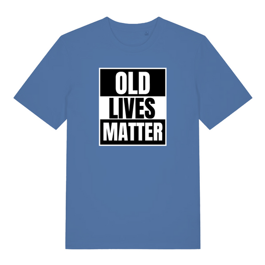 blue funny slogan t-shirt with 'OLD LIVES MATTER'