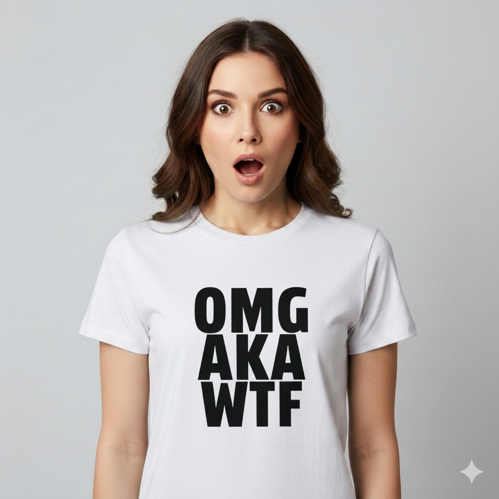 Woman wearing a white t-shirt with 'OMG AKA WTF' text on a gray background