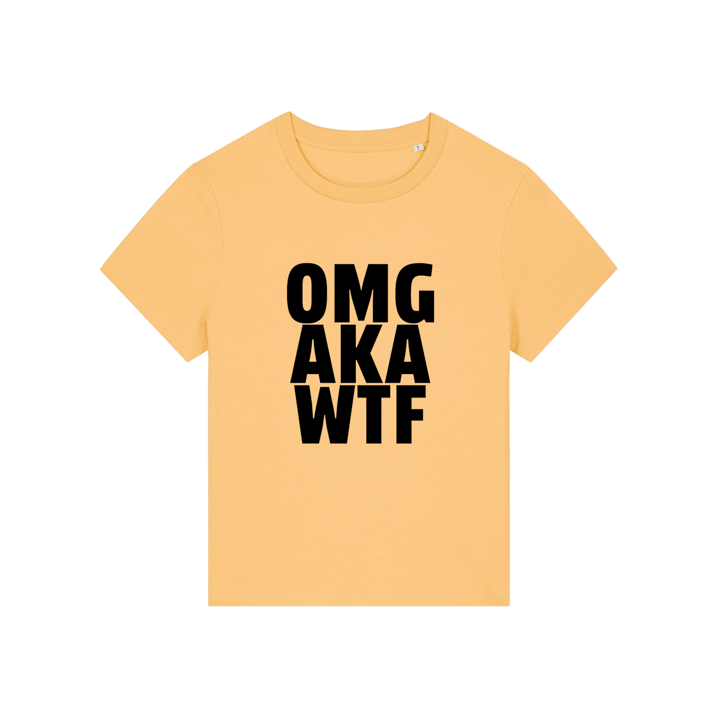 yellow slogan t-shirt that reads 'omg, aka, wtf'